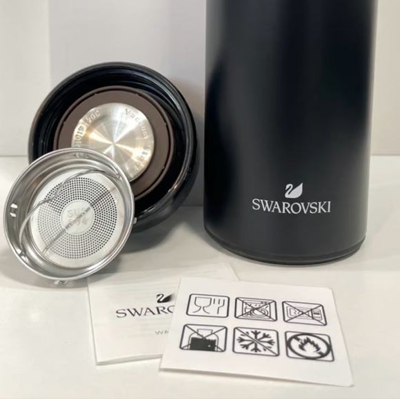 NWT Swarovski Sleek Black Thermos / Vacuum Flask with Interior Strainer Tumbler - Picture 4 of 4